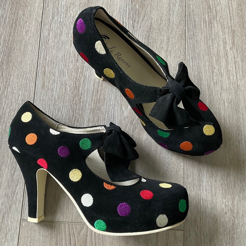 LOLA RAMONA Black with Polka Dots Leather Platform Heels Size EU 40 Size 10 EUC